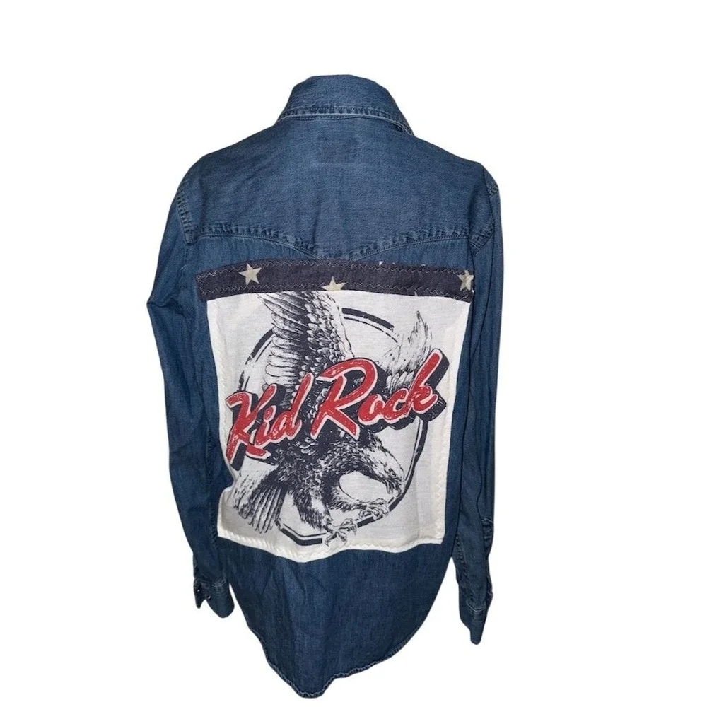 Vtg Levi's KID ROCK Women Denim Shirt‎ M Blue Graphic Pearl Snap up-cycled piece